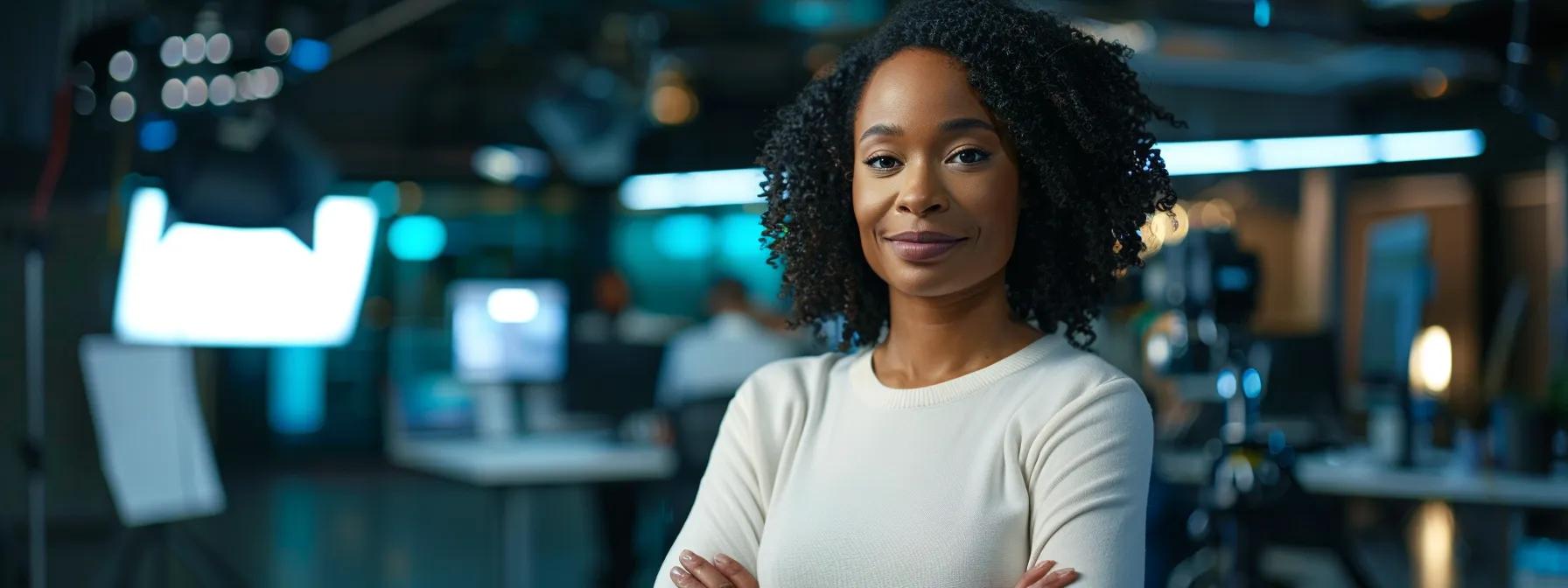a polished client stands confidently in a modern new york city studio, surrounded by advanced broadcasting equipment, practicing concise soundbites while rehearsing body language under bright, professional lighting.