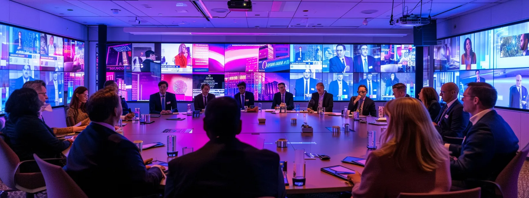 a polished conference room features a diverse group of professionals in animated discussion, surrounded by glowing screens displaying client logos and video clips of successful television appearances, encapsulating the dynamic atmosphere of media-driven business growth.