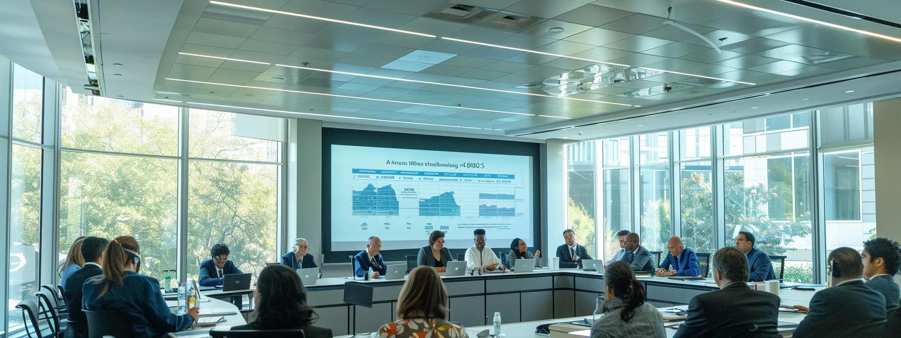 a polished conference room filled with professionals engaged in a dynamic discussion, illuminated by sleek overhead lighting that enhances the clarity of fannie mae guideline charts projected on a large screen.