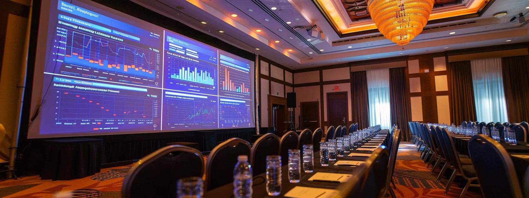 a polished conference room with a large screen displaying analytics and graphs illustrating the impact of television presence, bathed in dramatic overhead lighting that emphasizes the professionalism and strategic importance of media exposure.