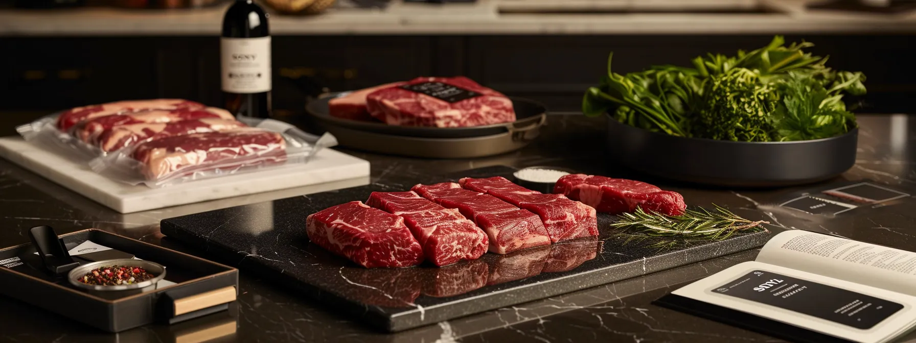 a polished kitchen countertop showcases an array of neatly packaged beef cuts, including a beautifully marbled picanha, alongside stylish meat processing tools and a recipe book, creating an inviting atmosphere that highlights the premium quality and versatility of quarter cow shares. a polished kitchen countertop showcases an array of neatly packaged beef cuts, including a beautifully marbled picanha, alongside stylish meat processing tools and a recipe book, creating an inviting atmosphere that highlights the premium quality and versatility of quarter cow shares.