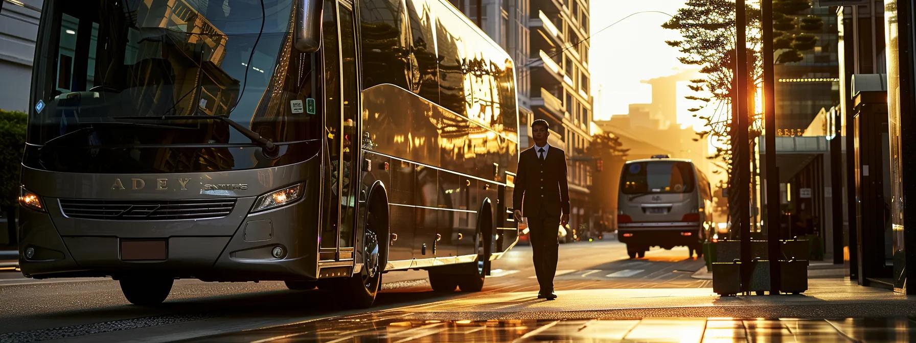 a polished luxury mini bus parked in a bustling urban setting with a professional driver in uniform standing confidently beside it, embodying safety and dedicated service to instill trust in potential passengers. a polished luxury mini bus parked in a bustling urban setting with a professional driver in uniform standing confidently beside it, embodying safety and dedicated service to instill trust in potential passengers.