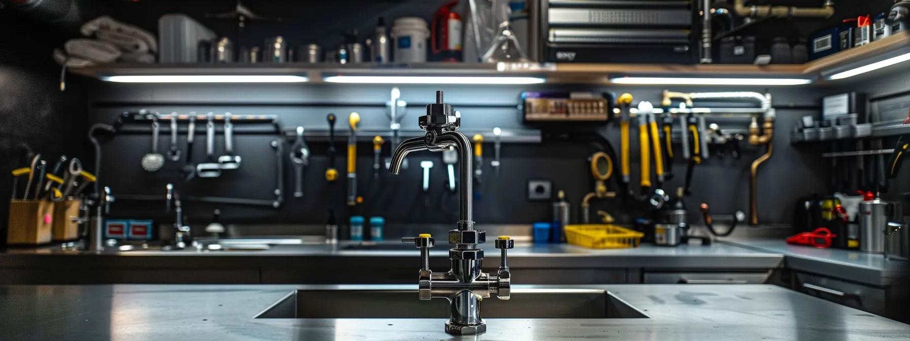 a polished, modern plumbing workspace showcases a gleaming gate valve prominently displayed on a sleek countertop, illuminated by bright overhead lights, emphasizing its intricate sliding mechanism against a backdrop of sophisticated plumbing tools and equipment.