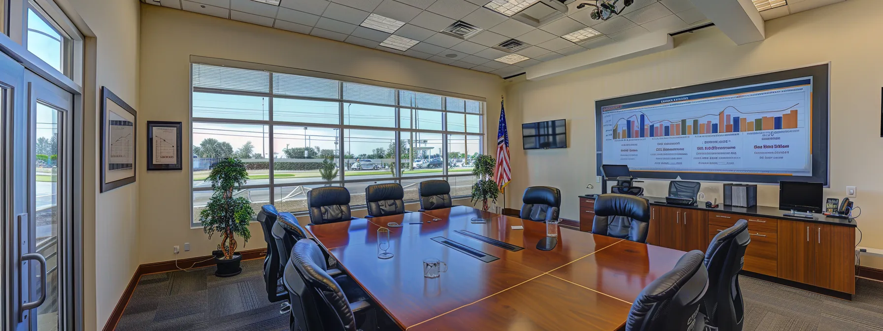 a polished office conference room features a large table with a digital presentation displaying a detailed graph comparing upfront costs and long-term savings of seal coating asphalt, emphasizing the financial advantages for property owners and businesses.
