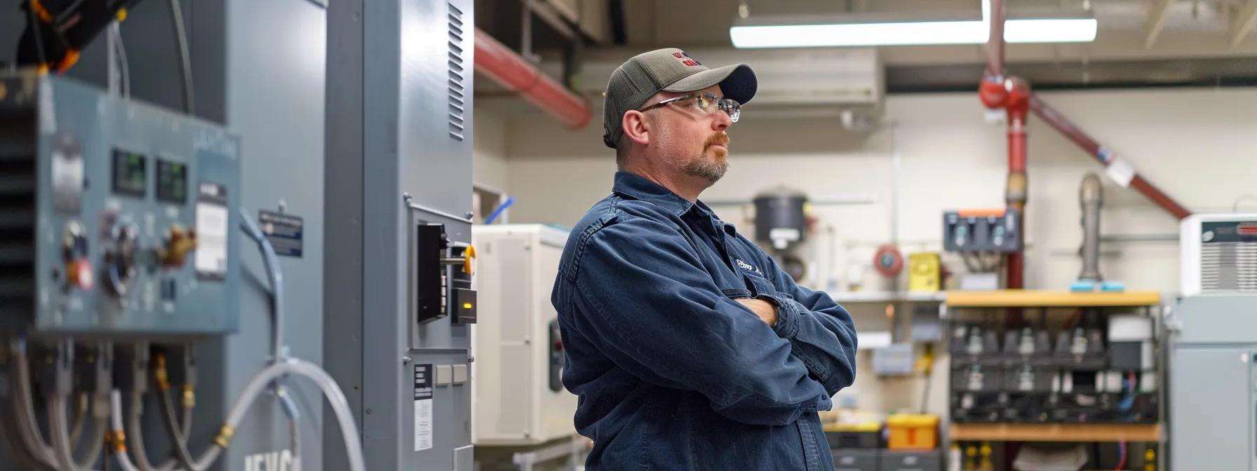 a polished office environment features a technician inspecting a high-efficiency hvac system, showcasing advanced tools and equipment in a well-maintained, sleek mechanical room bathed in artificial lighting.