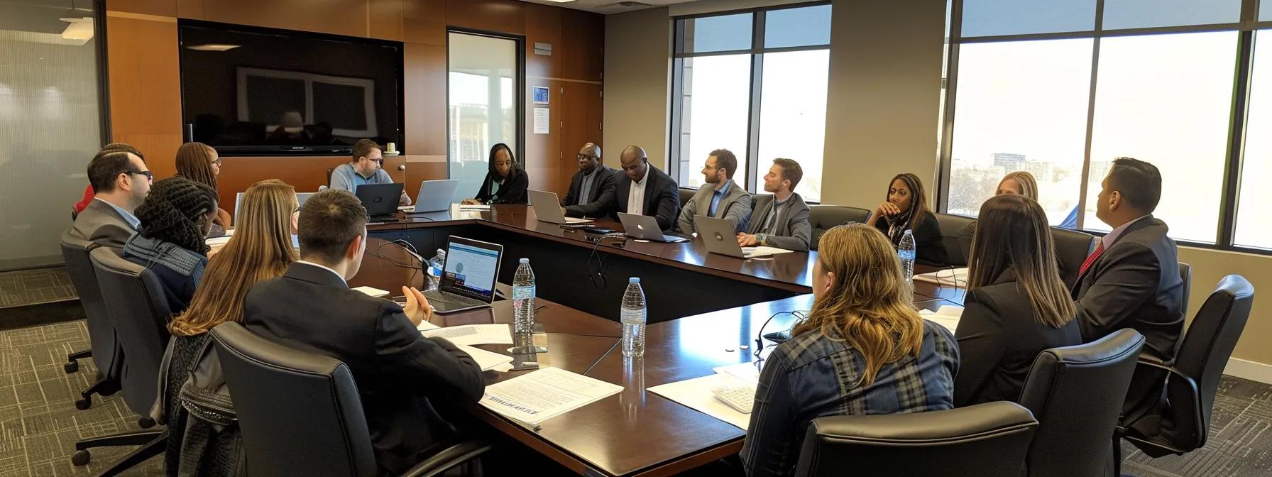 a polished office setting features a diverse group of professionals engaged in a focused discussion around a sleek conference table, with documents detailing fannie mae property standards and eligibility criteria prominently displayed, highlighting the importance of appraisal and occupancy guidelines in real estate financing.