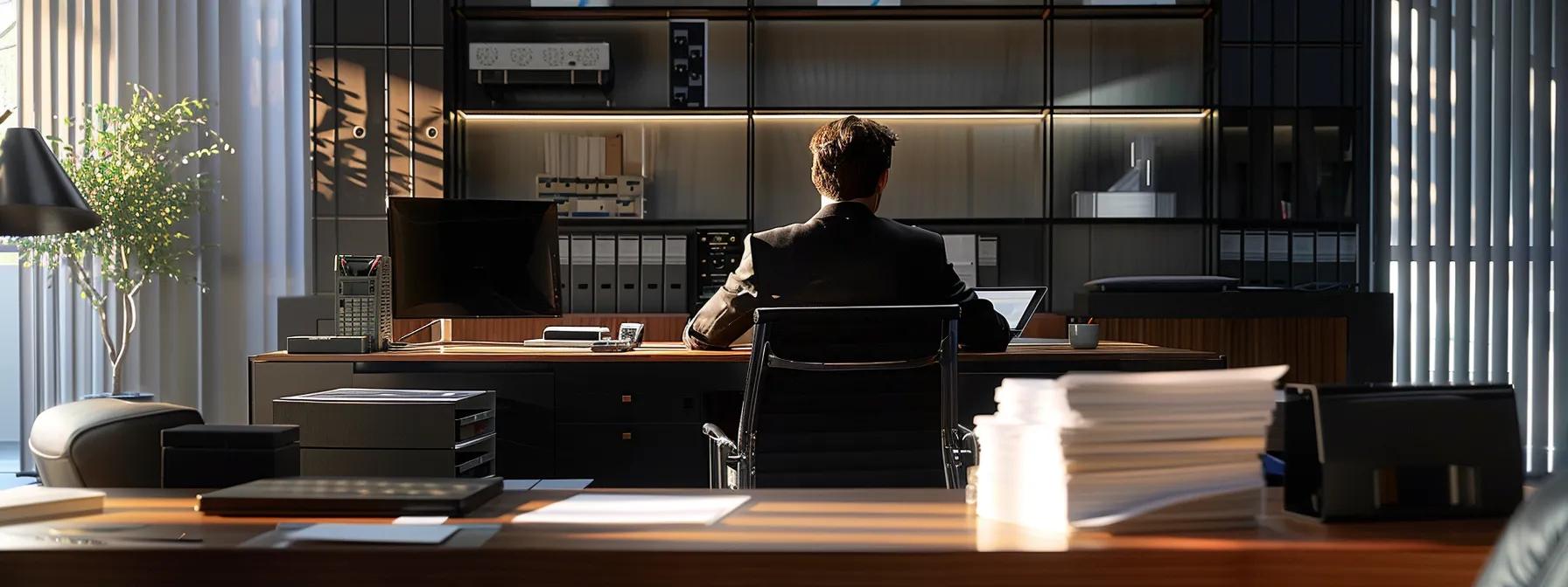 a polished office setting featuring a focused individual reviewing a binder filled with official documents, surrounded by a sleek desk and modern technology, emphasizing the verification of licenses and professional credentials. a polished office setting featuring a focused individual reviewing a binder filled with official documents, surrounded by a sleek desk and modern technology, emphasizing the verification of licenses and professional credentials.