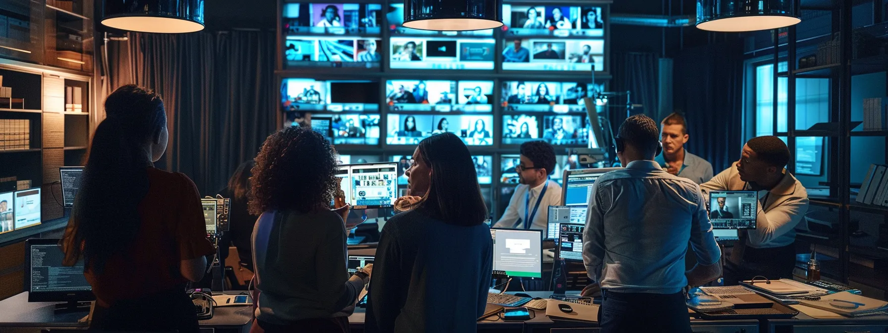 a polished office setting showcases a focused group of diverse professionals engaging in a strategy session, surrounded by vibrant media kits and promotional materials, highlighting the dynamic services of a us tv appearance agency.