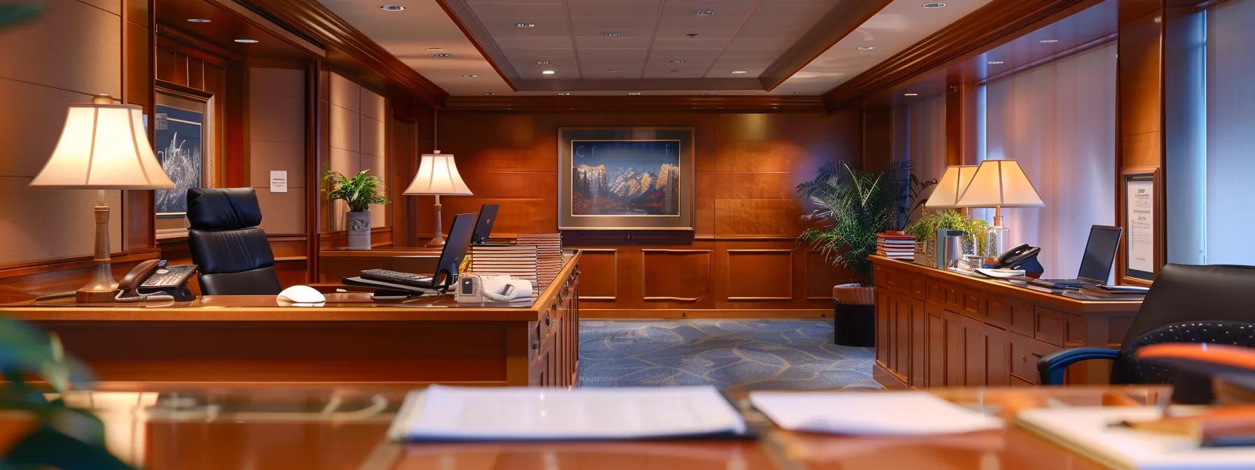 a polished office workspace features a sleek desk adorned with organized paperwork and a laptop, illuminated by warm overhead lighting, symbolizing the systematic process of navigating fannie mae eligibility standards for homeowners and lenders.