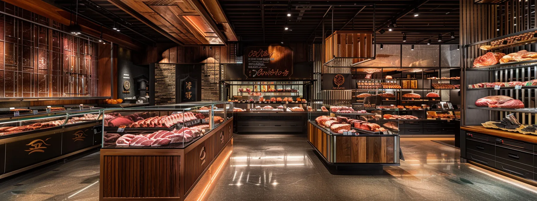 a polished, upscale butcher shop interior displays an inviting selection of premium grass-fed beef cuts, with rich marbling and vibrant color distinctions showcased on elegant wooden displays, creating an atmosphere of culinary sophistication and quality.