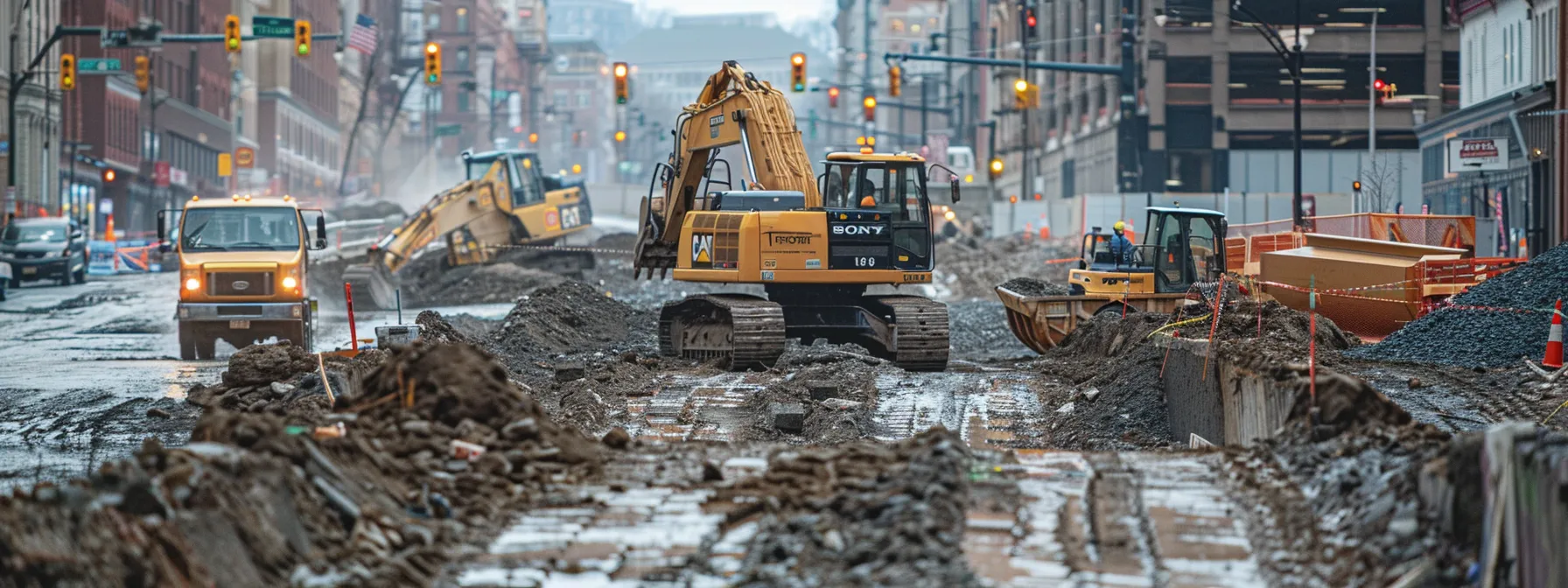 a polished urban construction site in pittsburgh showcases workers strategically implementing drainage excavation techniques, featuring heavy machinery and exposed earth, emphasizing the critical infrastructure improvements that protect properties from water damage.