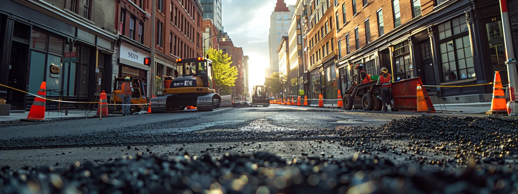 a polished urban street scene showcases a fresh asphalt overlay being expertly applied, with construction equipment and workers actively enhancing the pavement's quality, highlighting the transformative benefits for property maintenance.