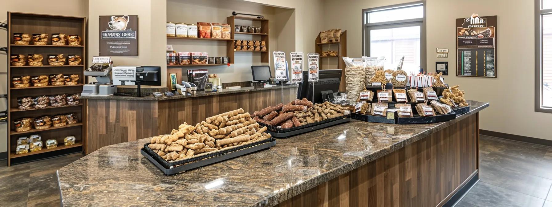 a polished veterinary office setting showcases an inviting display of both rawhide chews and bully sticks on a sleek countertop, emphasizing their contrasting textures and vibrant packaging, with an informative chart comparing their health benefits prominently featured in the background. a polished veterinary office setting showcases an inviting display of both rawhide chews and bully sticks on a sleek countertop, emphasizing their contrasting textures and vibrant packaging, with an informative chart comparing their health benefits prominently featured in the background.