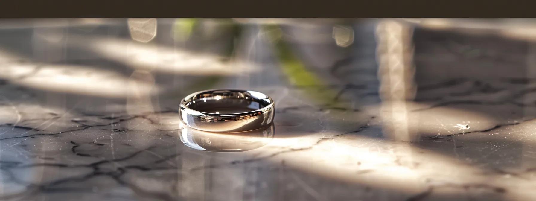 a polished wedding band crafted from modern hypoallergenic materials gleams under bright studio lights, set against a sleek marble countertop, symbolizing durability and elegance for couples with active lifestyles. a polished wedding band crafted from modern hypoallergenic materials gleams under bright studio lights, set against a sleek marble countertop, symbolizing durability and elegance for couples with active lifestyles.