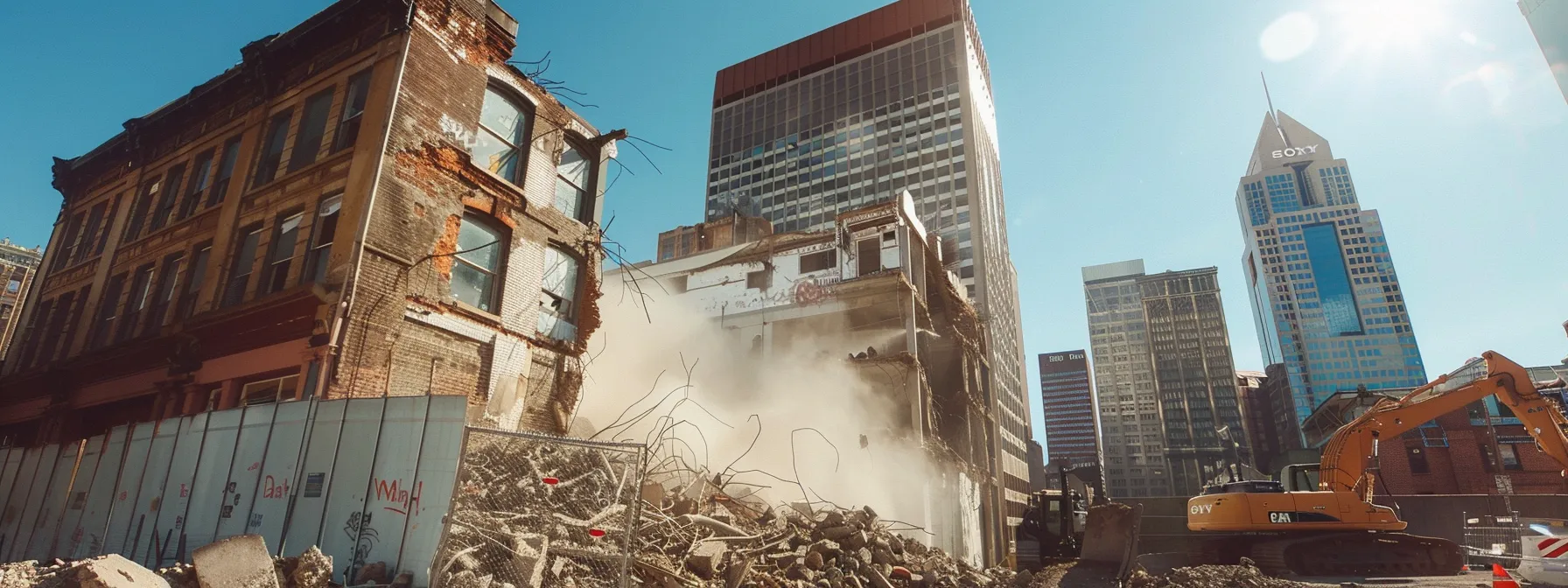 a powerful and dynamic scene capturing a commercial demolition site in pittsburgh, showcasing heavy machinery tearing down a building against a backdrop of a clear blue sky, with debris expertly managed and safety barriers in place to emphasize professionalism and sustainability.