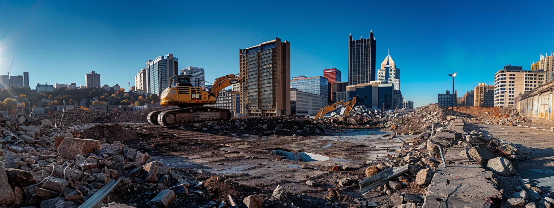 a powerful bulldozer towers over a partially demolished urban structure in pittsburgh, framed by a clear blue sky, emphasizing the raw force and precision required in the execution of a demolition project. a powerful bulldozer towers over a partially demolished urban structure in pittsburgh, framed by a clear blue sky, emphasizing the raw force and precision required in the execution of a demolition project.