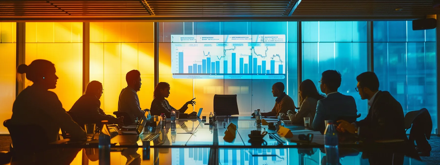 a powerful business meeting scene captures a diverse group of professionals intently analyzing charts and graphs on a large screen, illuminated by soft overhead lighting, symbolizing the strategic discussion of budget allocation and roi evaluation.