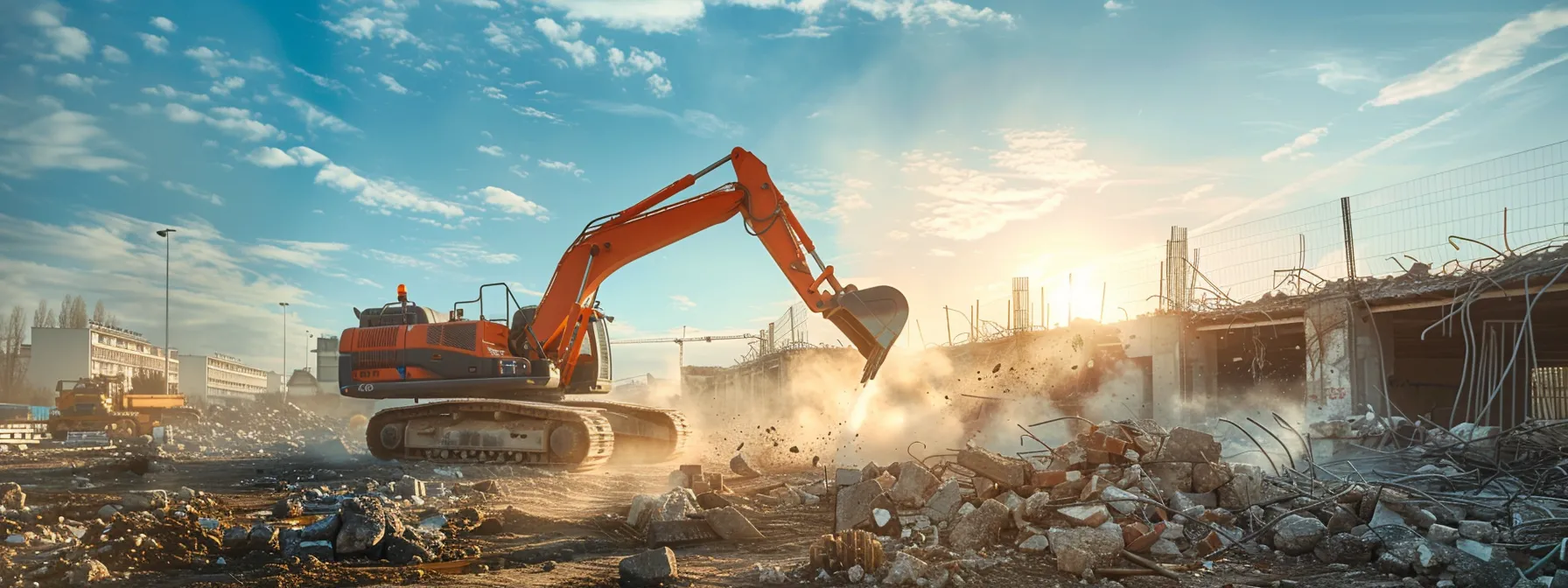 a powerful demolition scene captures a robust excavator in action, surrounded by safely deconstructed materials with engineers assessing the area under a bright blue sky, embodying the theme of safety and efficiency in demolition. a powerful demolition scene captures a robust excavator in action, surrounded by safely deconstructed materials with engineers assessing the area under a bright blue sky, embodying the theme of safety and efficiency in demolition.