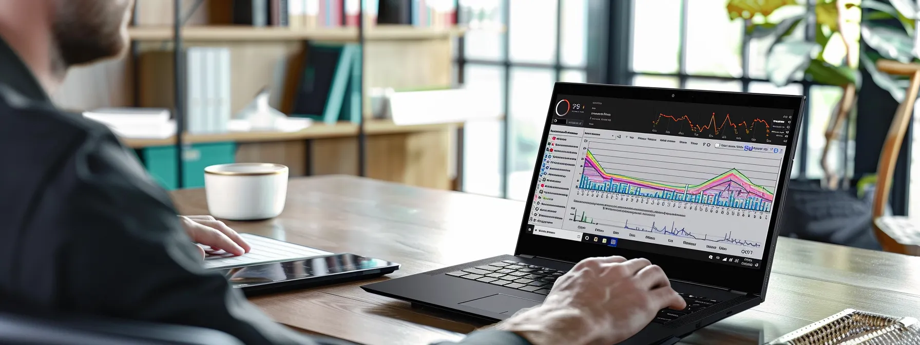 a powerful office scene featuring a confident business professional analyzing digital graphs and charts on a sleek laptop, symbolizing the dynamic process of seo reputation management and online visibility enhancement.