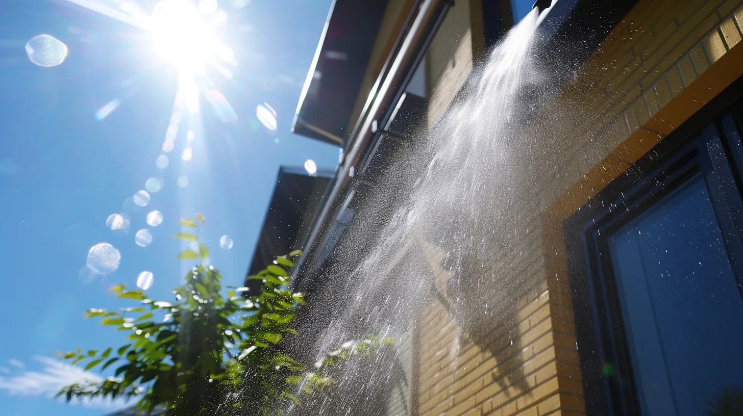 a powerful pressure washer unleashes a high-pressure stream of water against the side of a bright, freshly painted house, shimmering under clear blue skies, showcasing the dramatic transformation of the exterior surfaces. a powerful pressure washer unleashes a high-pressure stream of water against the side of a bright, freshly painted house, shimmering under clear blue skies, showcasing the dramatic transformation of the exterior surfaces.