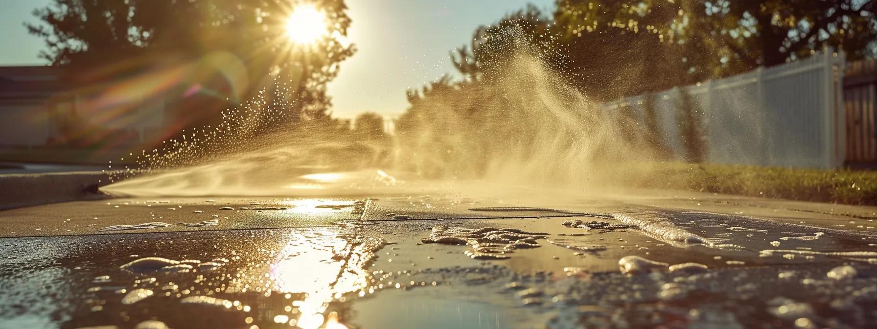 a powerful pressure washer cascades glistening foam over a pristine concrete driveway, showcasing the effective application of vibrant cleaning chemicals under a bright, sunlit sky. a powerful pressure washer cascades glistening foam over a pristine concrete driveway, showcasing the effective application of vibrant cleaning chemicals under a bright, sunlit sky.