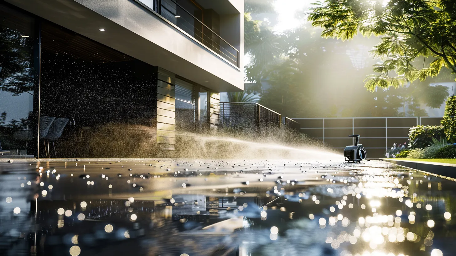 a powerful pressure washer sprays a gleaming exterior of a modern house, with dynamic water droplets glistening in the bright artificial light of a well-lit urban driveway, highlighting the contrast between the clean surface and the grime being washed away. a powerful pressure washer sprays a gleaming exterior of a modern house, with dynamic water droplets glistening in the bright artificial light of a well-lit urban driveway, highlighting the contrast between the clean surface and the grime being washed away.