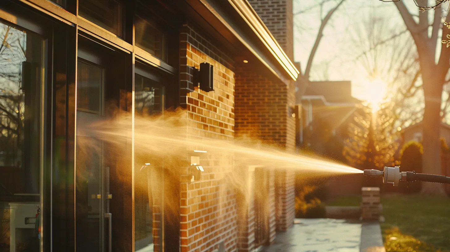 a powerful pressure washer sprays a gleaming, freshly cleaned home exterior, revealing vibrant, brick walls and immaculate windows under an urban setting sun. a powerful pressure washer sprays a gleaming, freshly cleaned home exterior, revealing vibrant, brick walls and immaculate windows under an urban setting sun.