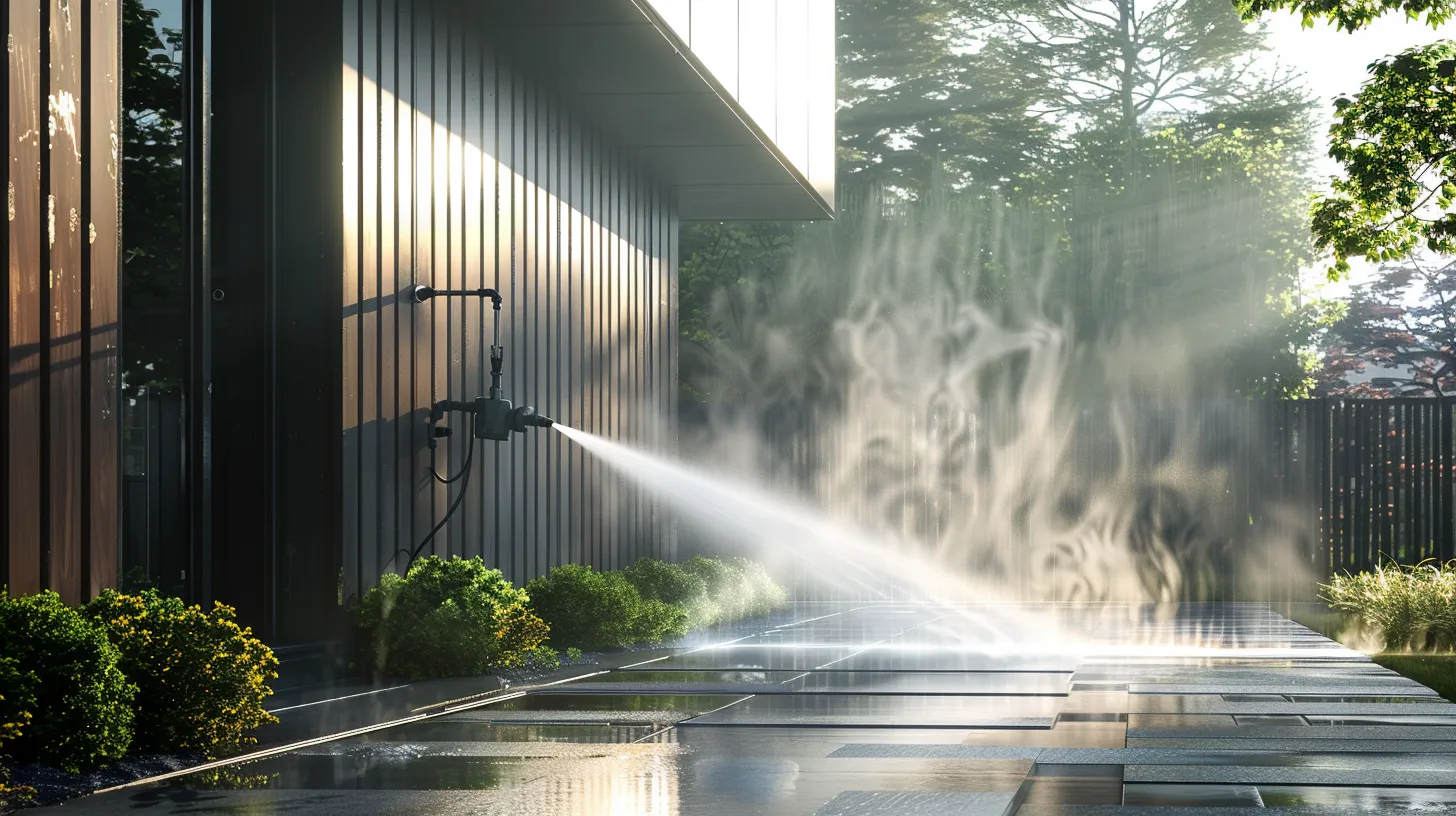 a powerful pressure washer streams high-pressure water against the pristine, textured exterior of a modern house, showcasing the dramatic contrast between the clean, bright surface and the previously grime-coated wall, all set within a sleek, urban neighborhood. a powerful pressure washer streams high-pressure water against the pristine, textured exterior of a modern house, showcasing the dramatic contrast between the clean, bright surface and the previously grime-coated wall, all set within a sleek, urban neighborhood.