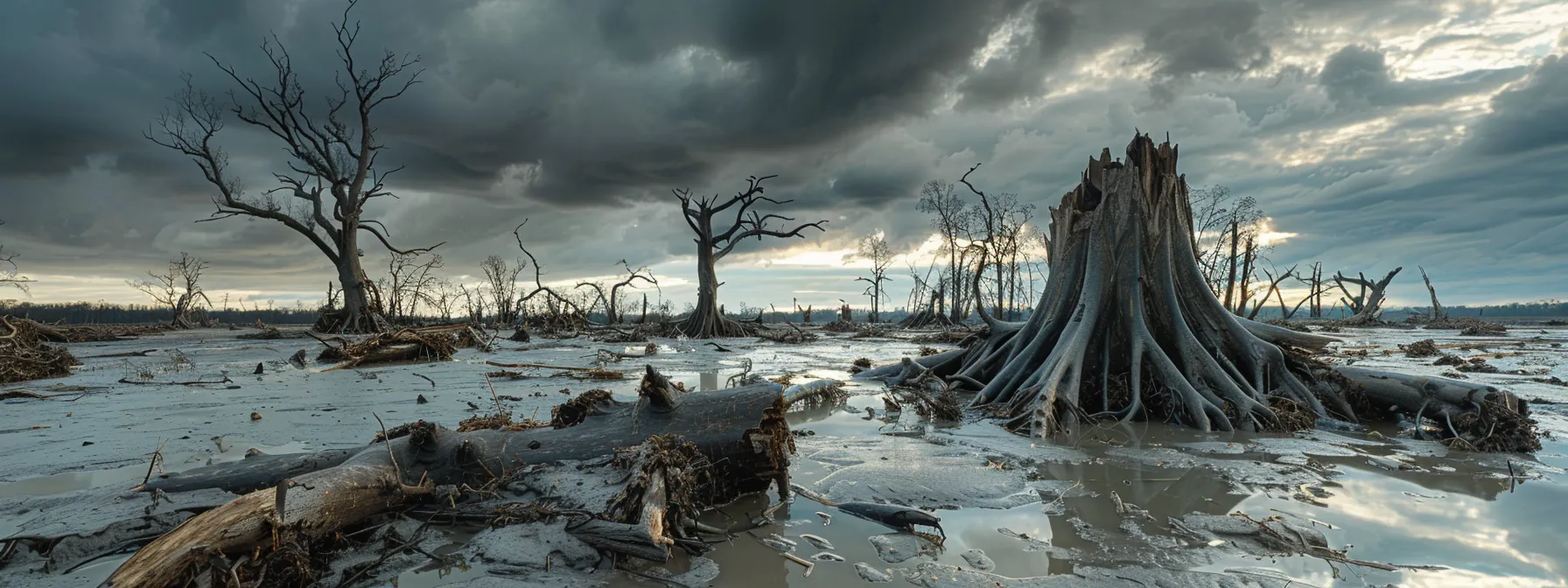 a powerful scene captures the aftermath of a fierce storm, showcasing uprooted trees scattered across a flooded landscape, their jagged roots exposed and twisted branches stark against a dramatic, overcast sky.