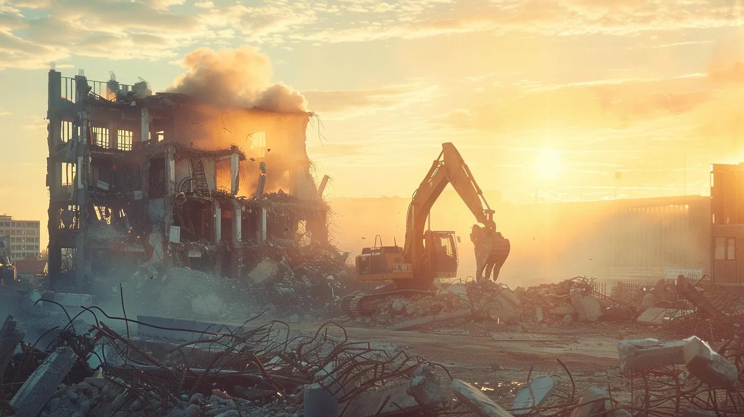 a powerful scene of a modern demolition site featuring heavy machinery expertly tearing down a weathered building, surrounded by debris and safety barriers, illuminated by the warm glow of the setting sun. a powerful scene of a modern demolition site featuring heavy machinery expertly tearing down a weathered building, surrounded by debris and safety barriers, illuminated by the warm glow of the setting sun.