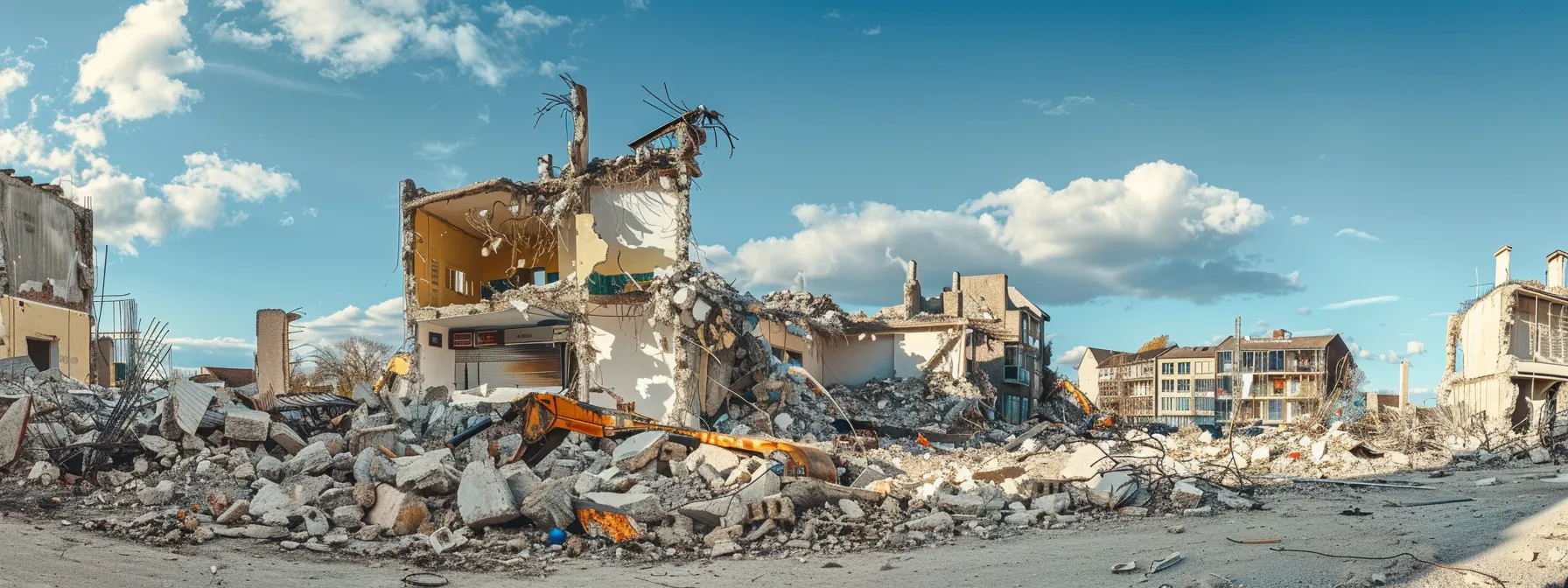 a powerful visualization of a bustling demolition site, highlighting the juxtaposition of crumbling structures against a clear blue sky, symbolizing the dynamic energy of effective search engine marketing strategies.
