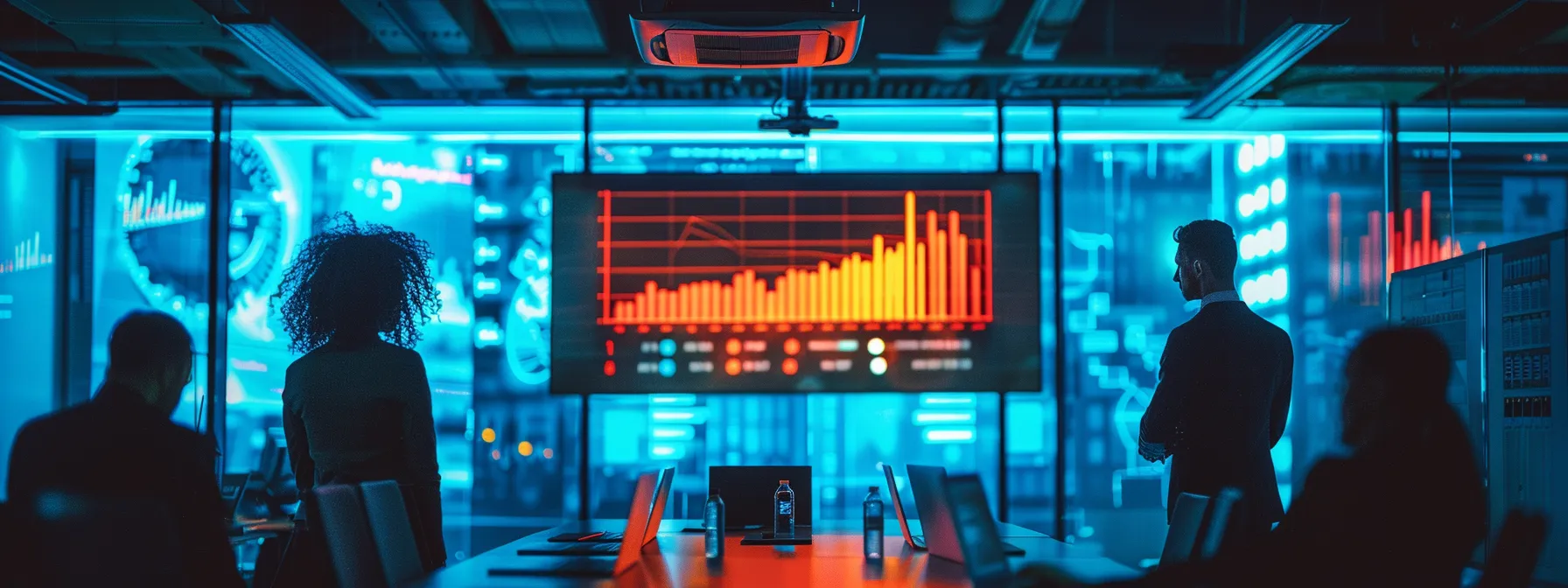 a precisely arranged modern office meeting room with a large screen displaying hvac efficiency metrics and charts, emphasizing the technological aspects influencing energy performance in heating and cooling systems.