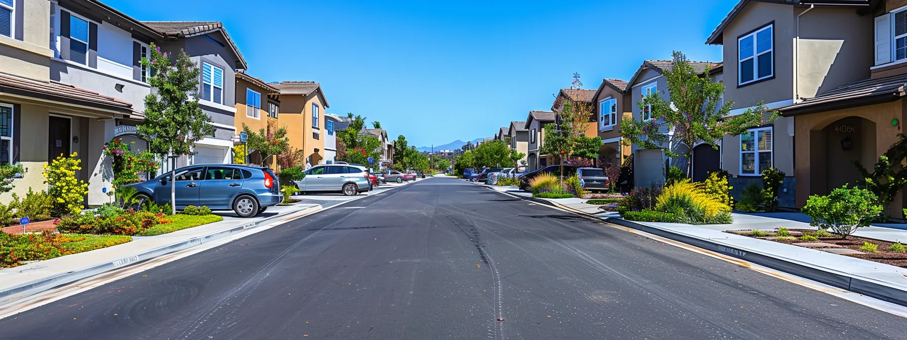 a pristine asphalt-paved community street in san diego, lined with well-maintained sidewalks and parking areas, captures the essence of durability and sustainability for homeowners associations amid a vibrant urban backdrop.