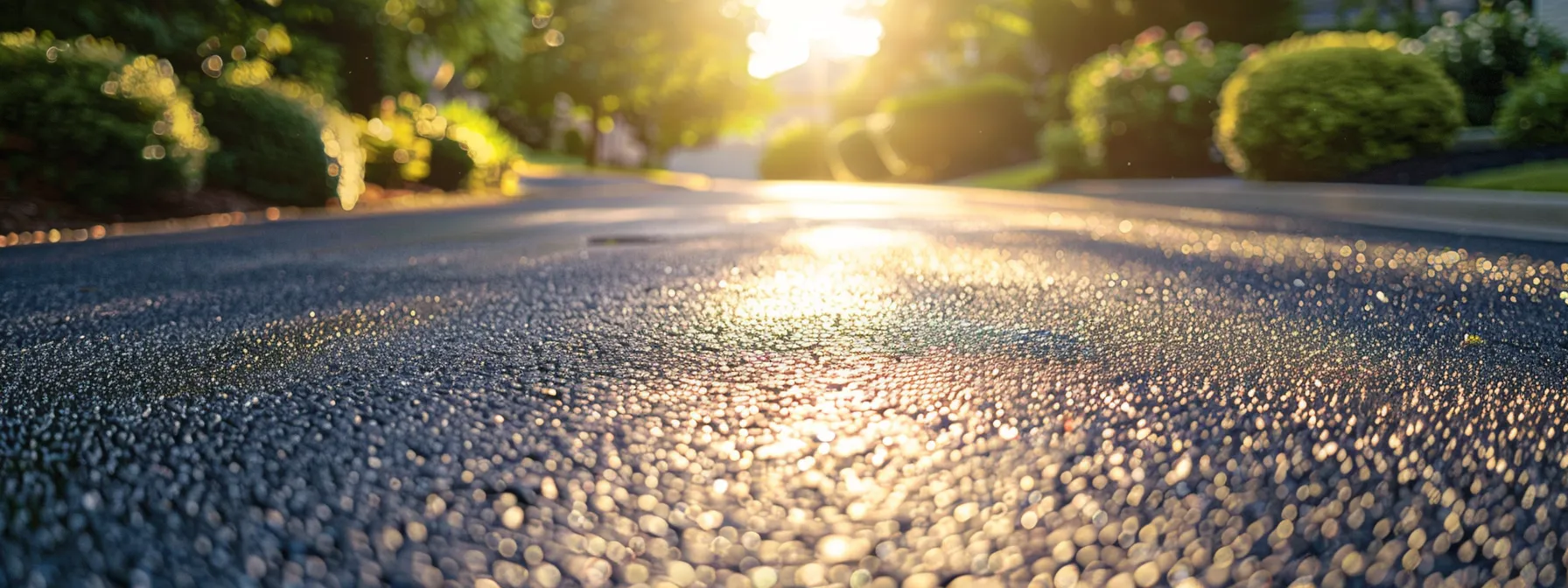 a pristine asphalt driveway, freshly sealed with a glossy black crack filler, glistens under the warm golden sunlight, showcasing its smooth surface and enhancing the overall aesthetic of a well-maintained property.
