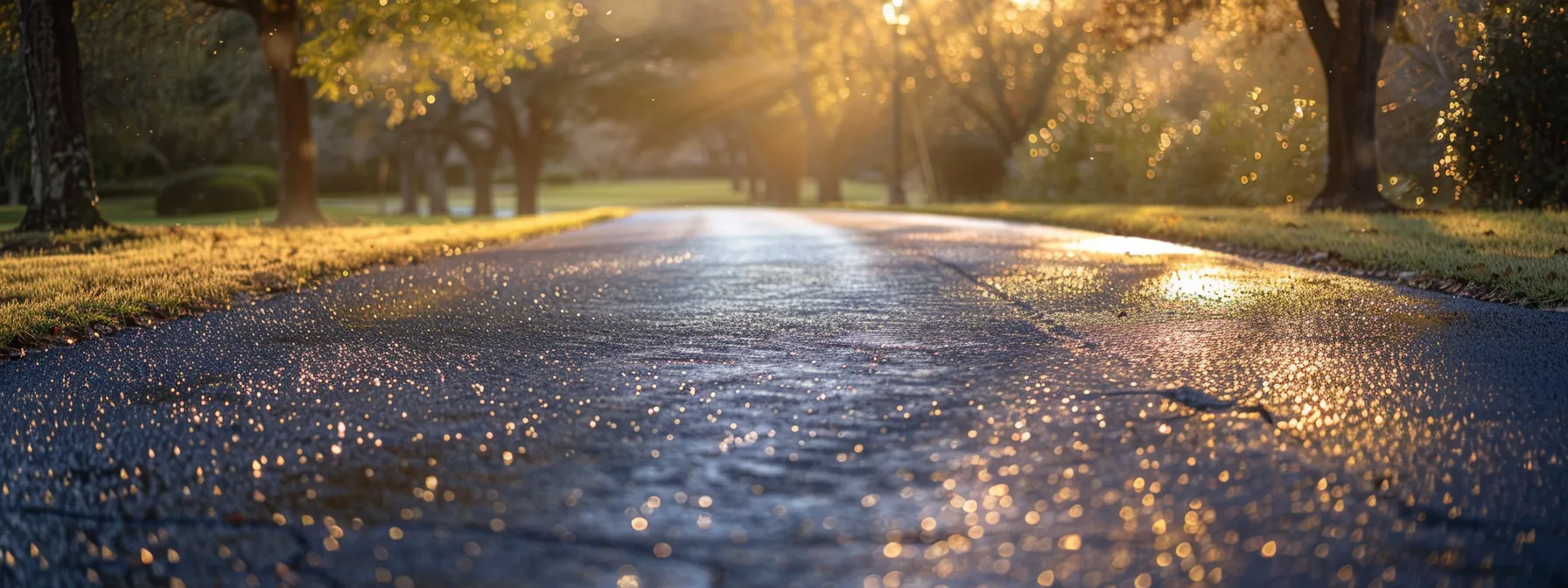 a pristine asphalt driveway glistens under the soft glow of early morning light, showcasing expertly sealed cracks and a freshly applied layer of sealant, symbolizing the effectiveness of proactive maintenance strategies.