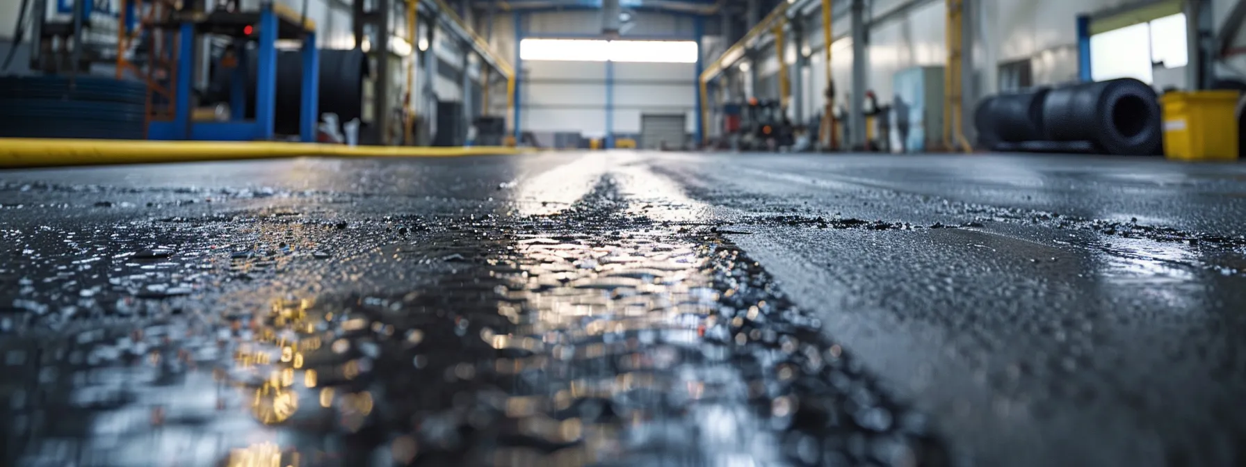 a pristine asphalt surface, freshly coated with a glossy black sealant, gleams under bright artificial lighting in a modern industrial workshop, showcasing the meticulous application process with specialized equipment and clean tools arranged thoughtfully in the background.