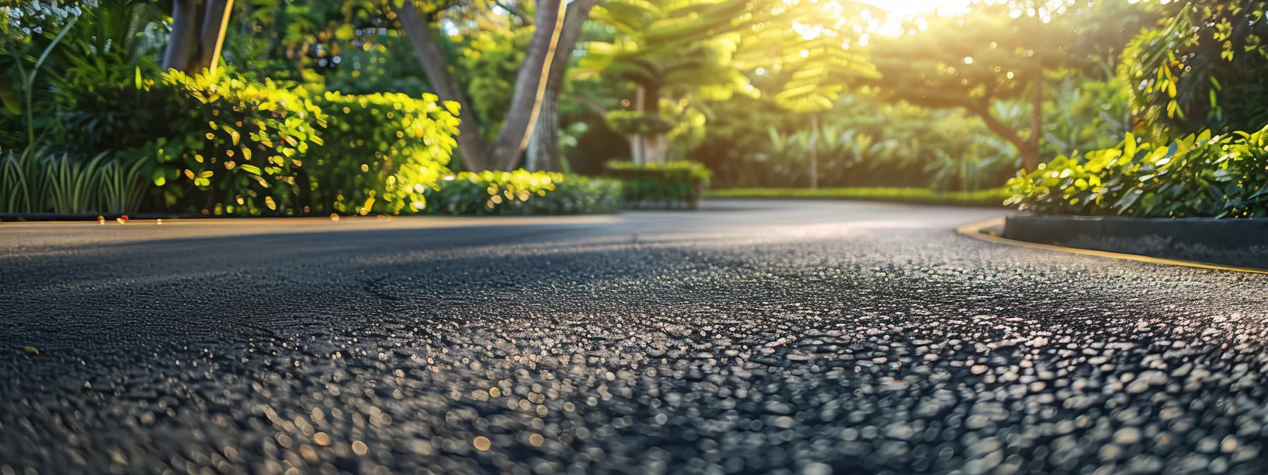 a pristine asphalt surface gleams under the warm sunlight, showcasing expert installation techniques with a perfectly compacted foundation, surrounded by lush greenery that highlights its durability and long-lasting appeal.