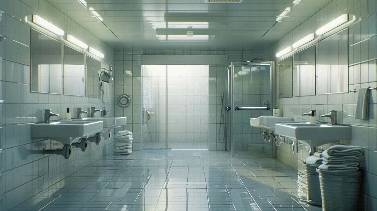 a pristine bathroom, gleaming with disinfected surfaces and neatly folded clean towels, showcases a meticulous inspection of faucets and pipes in a bright, modern setting, emphasizing cleanliness and preventative care against moisture issues.