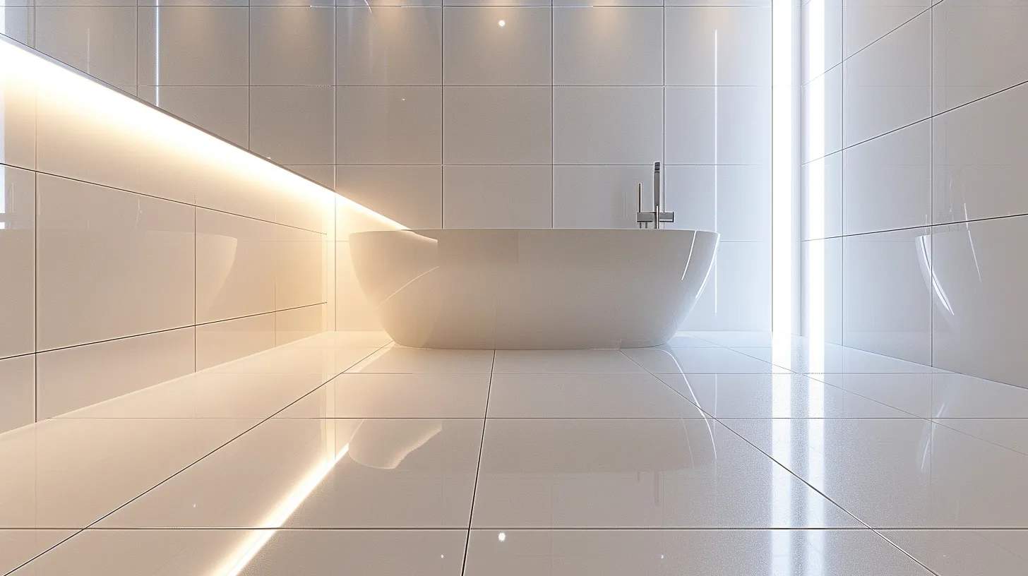 a pristine bathroom scene showcases gleaming white tiles and immaculate grout, illuminated by soft overhead lighting to accentuate the flawless finish and expert care in grout cleaning and maintenance.