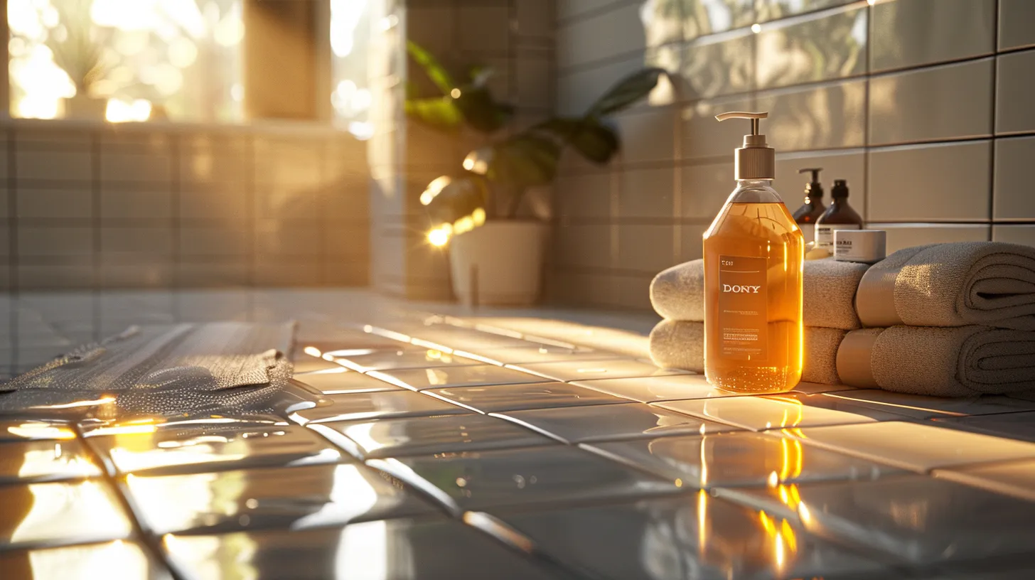 a pristine bathroom setting features beautifully arranged, glossy ceramic tiles, showcasing a close-up of textured grout lines, illuminated by soft, warm lighting that highlights the effective cleaning transformation enabled by a bottle of vinegar positioned nearby.