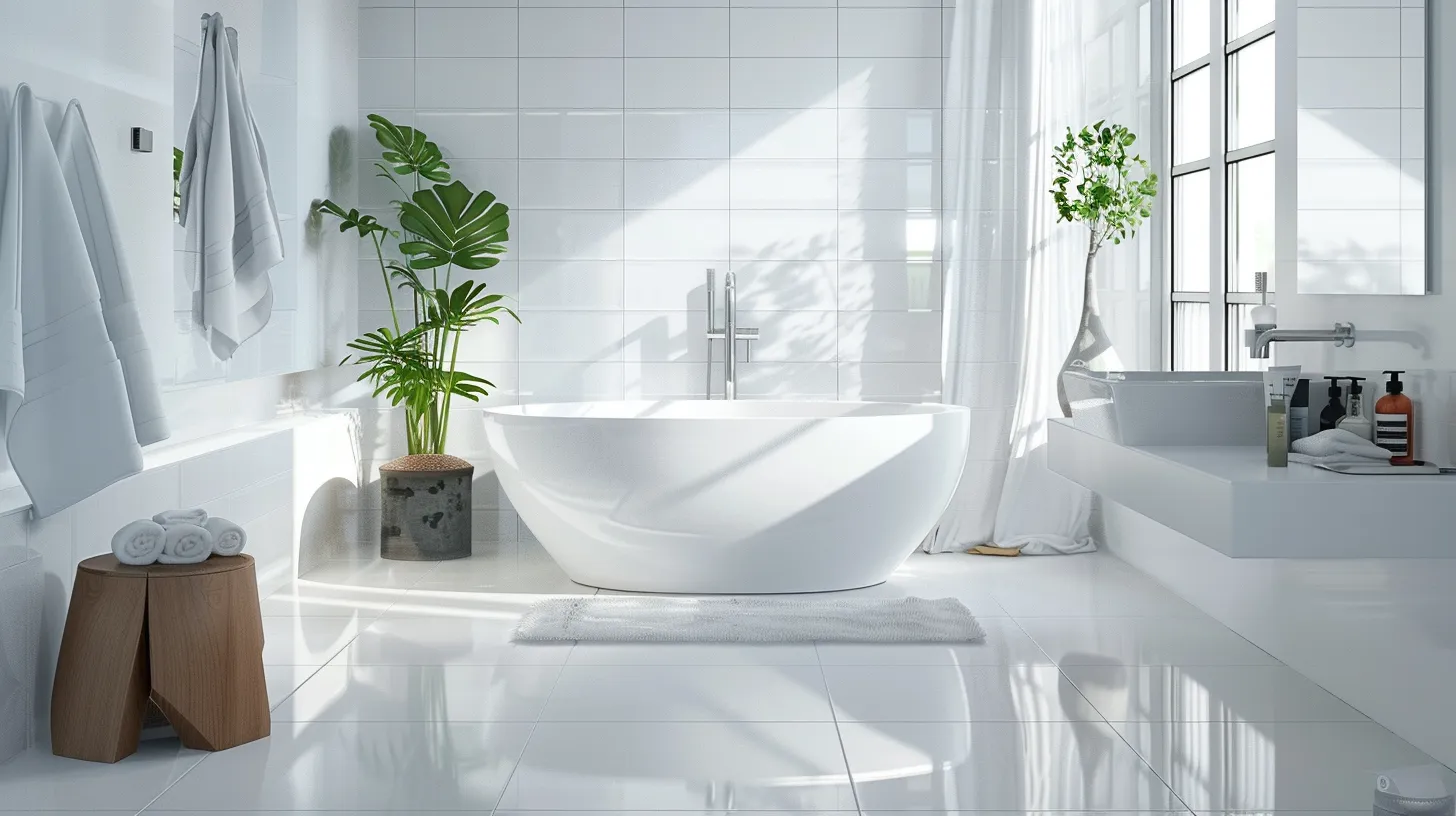 a pristine bathroom setting showcases immaculate white tiles with clean, gleaming grout lines, emphasizing the meticulous care of surface maintenance alongside modern payment options highlighted in a sleek digital interface on a nearby countertop.