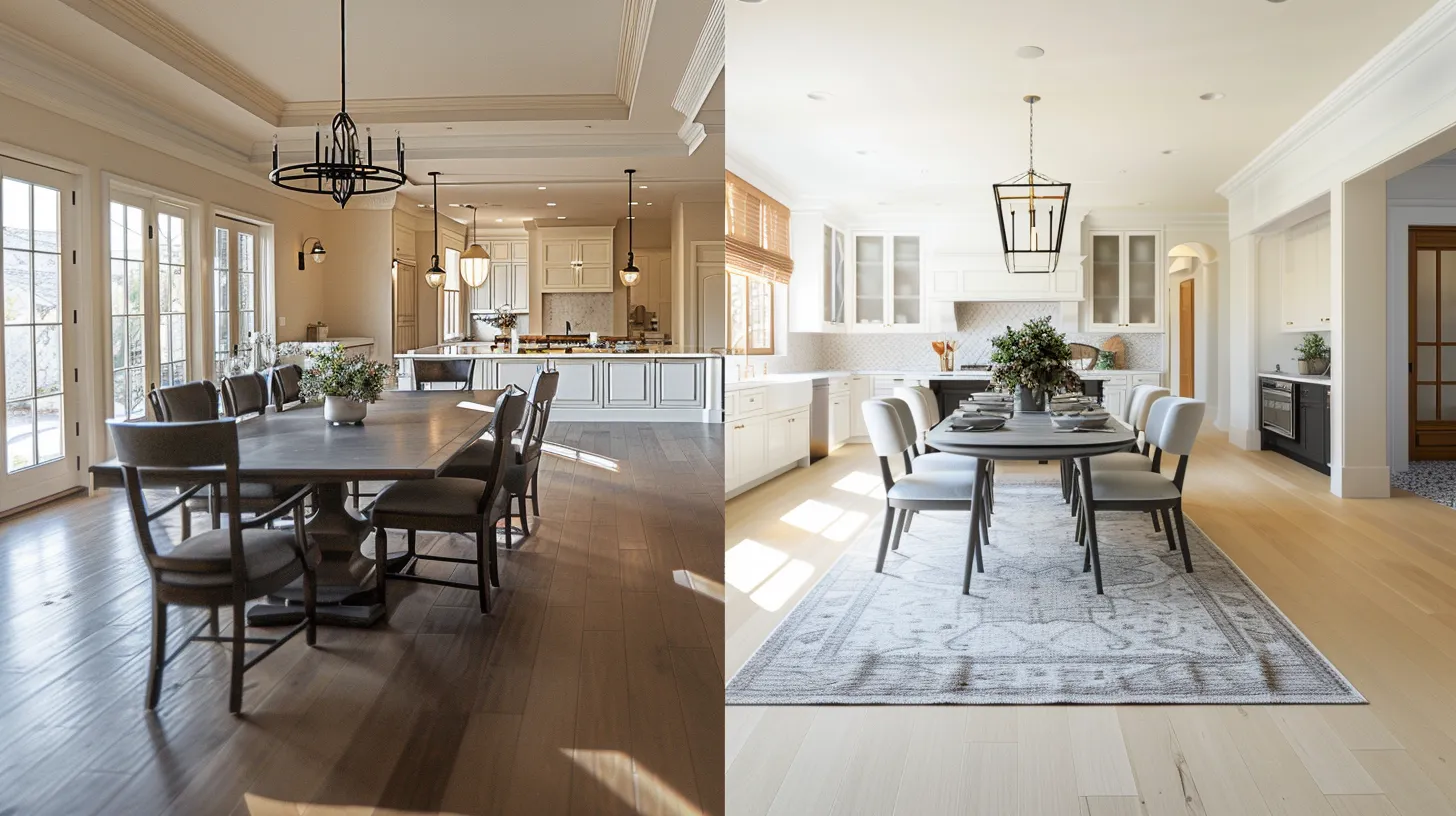a pristine, bustling dining room post-renovation, showcasing gleaming surfaces and specialized cleaning tools, vividly illustrating the difference between deep cleaning and standard upkeep in a high-traffic home environment.