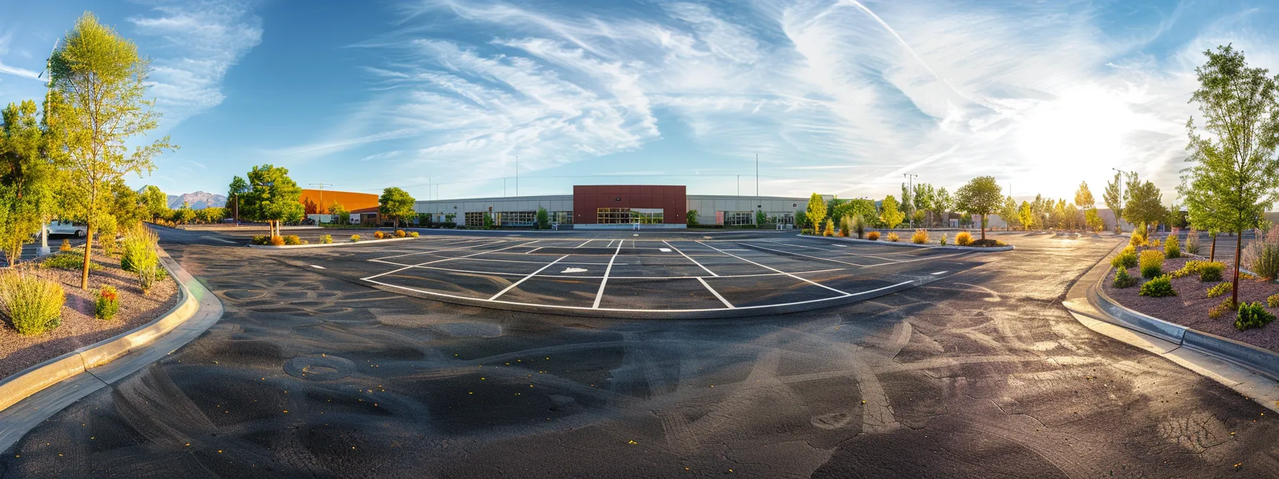 a pristine commercial parking lot glistens under soft morning sunlight, showcasing well-maintained asphalt and concrete surfaces, with subtle signs of routine upkeep evident in their flawless texture and uniform color. a pristine commercial parking lot glistens under soft morning sunlight, showcasing well-maintained asphalt and concrete surfaces, with subtle signs of routine upkeep evident in their flawless texture and uniform color.