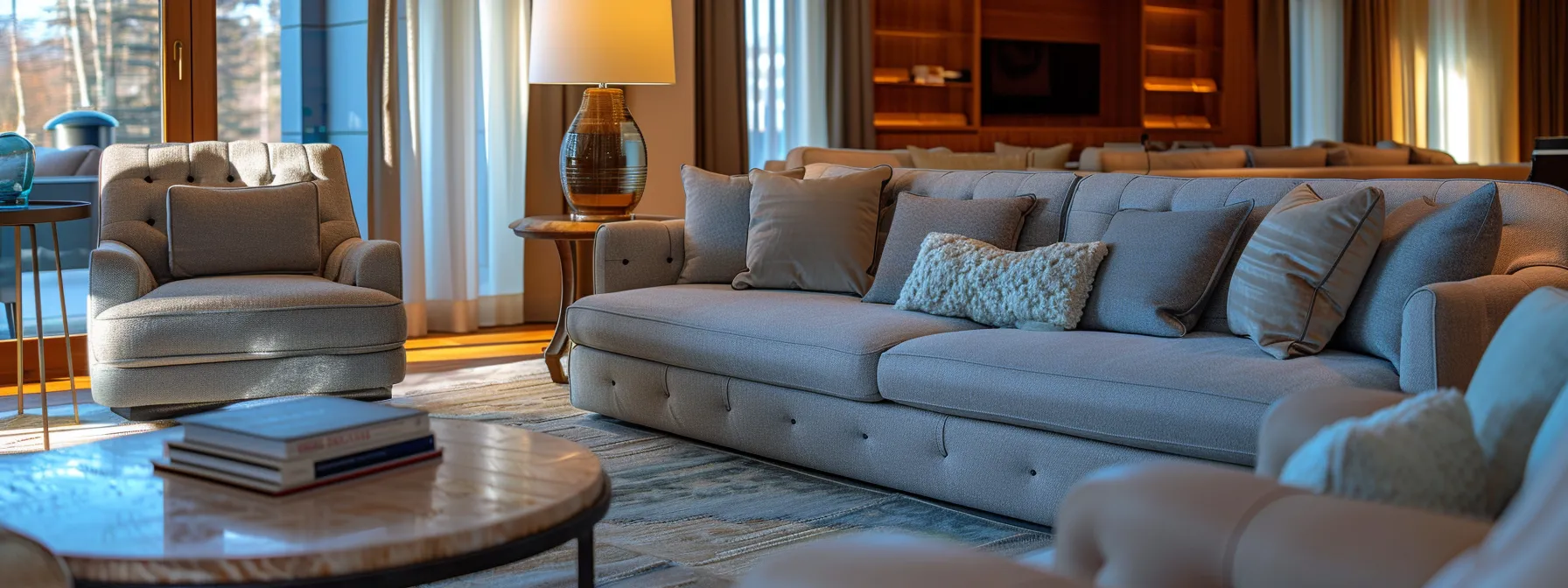 a pristine, elegantly arranged living room showcases beautifully upholstered sofas and couches, illuminated by warm indoor lighting, emphasizing the transformative effect of steam cleaning on their luxurious fabric textures.