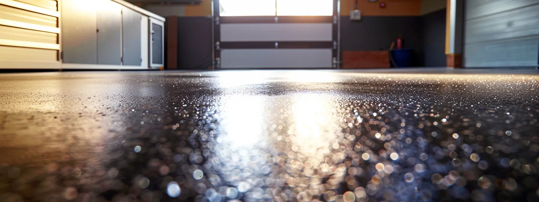 a pristine, freshly seal-coated blacktop driveway glistens under bright, artificial lighting in a modern urban garage, showcasing the meticulous application process with vibrant textures and a seamless finish.