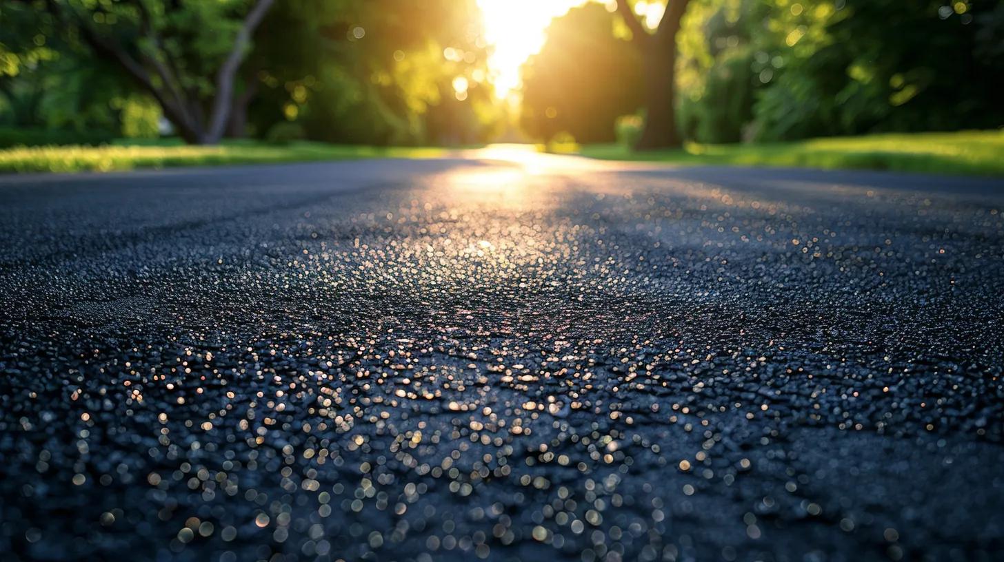 a pristine, freshly sealed asphalt driveway gleams under the warm, golden sunlight, showcasing the deep black surface with clean edges surrounded by vibrant green grass, symbolizing the meticulous care and maintenance essential for its longevity. a pristine, freshly sealed asphalt driveway gleams under the warm, golden sunlight, showcasing the deep black surface with clean edges surrounded by vibrant green grass, symbolizing the meticulous care and maintenance essential for its longevity.