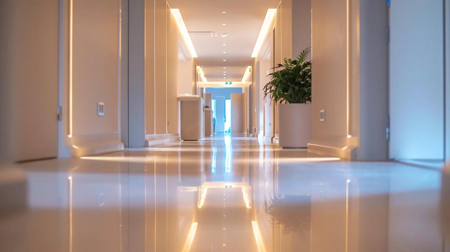 a pristine hallway showcases a professional cleaning team's meticulous work, featuring gleaming floors and spotless walls, vividly highlighting the transformative impact of a spring renewal service.