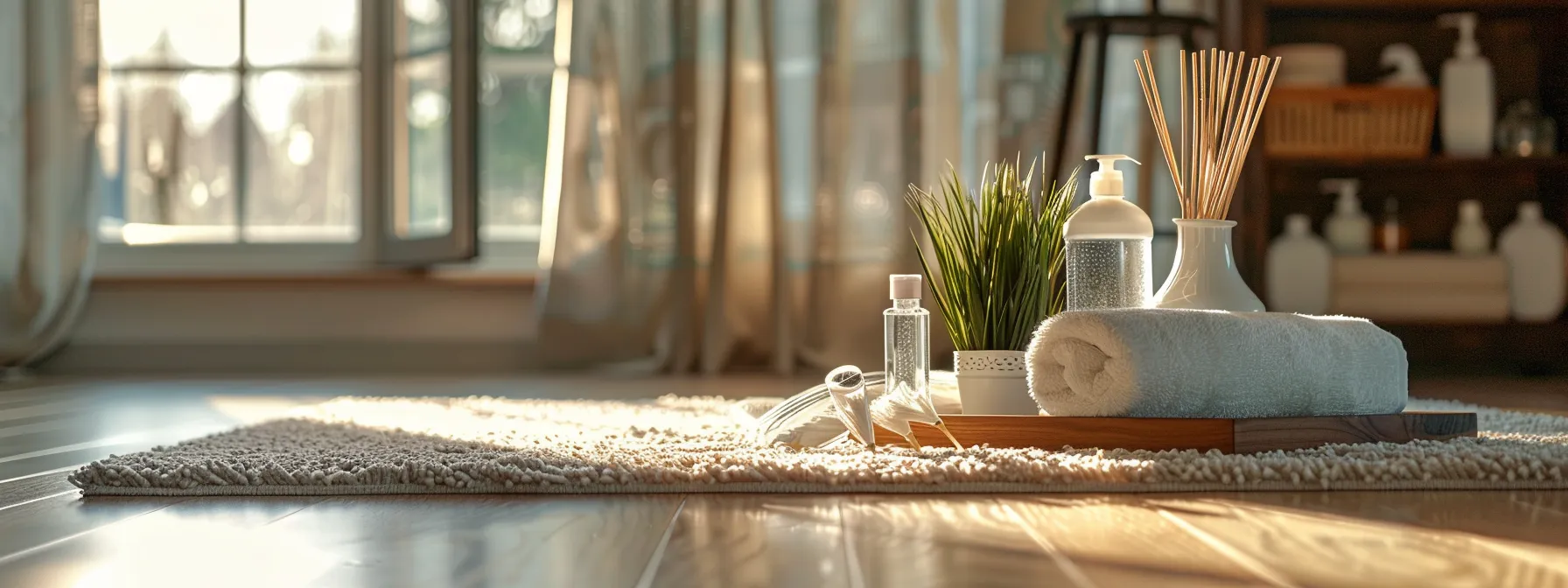 a pristine living room with various carpet types elegantly displayed on a polished wooden floor, featuring modern cleaning products and tools artfully arranged to emphasize effective carpet maintenance and stain resistance.
