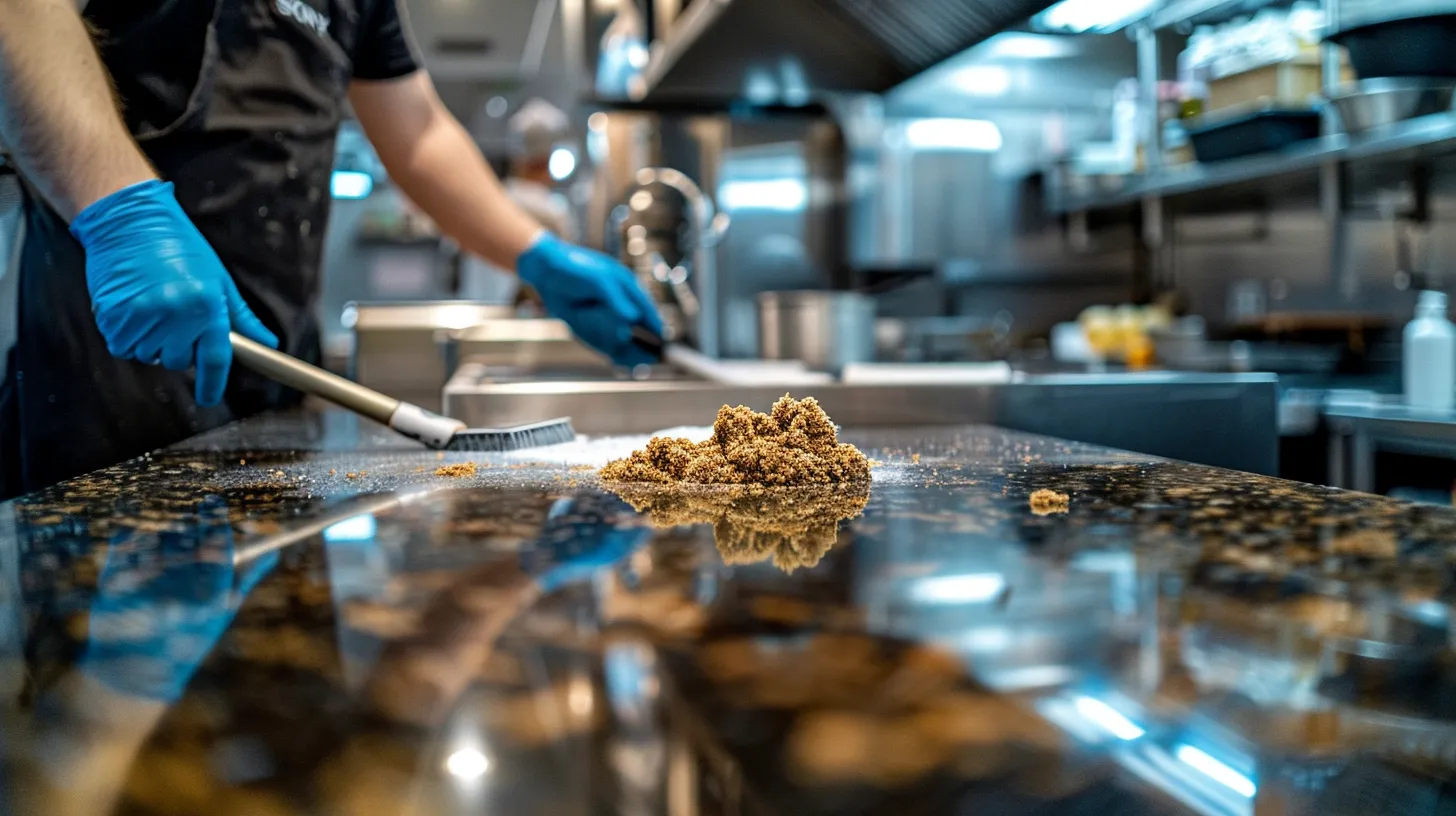 a pristine, modern kitchen showcases gleaming countertops and a professional cleaning team diligently scrubbing surfaces, illustrating the transformative power and superior results of deep cleaning services.