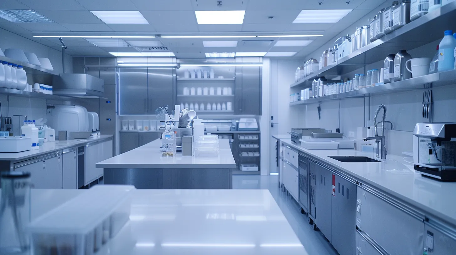 a pristine, modern kitchen gleaming under bright artificial lighting, showcasing a meticulous deep cleaning process with sparkling countertops, organized shelves, and advanced cleaning equipment positioned strategically around the space.
